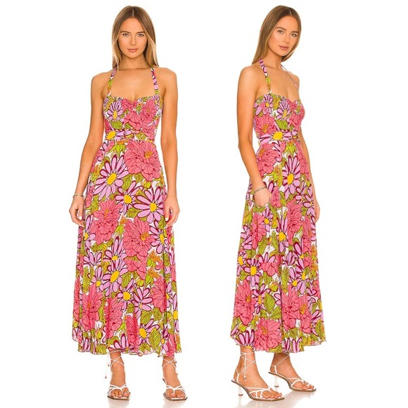 Swf Dresses & Skirts - NWT S/W/F x REVOLVE Halter Dress Frida Floral Maxi Pink Purple Smocked Small